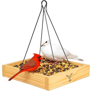 Cedar Wood Platform Tray Bird Feeder 10 - Hanging Bird Feeder for Outside Outdoor - Stainless Steel Cable Mesh Base - Weather Proof Birdfeeder for 10 Years - Longtime Outdoor Lasting Heavy Duty