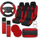 Fulmoon 17 Pcs Car Accessories Set for Women Seat Bling Leather Steering Wheel Cover Seat Belt Shoulder Pad Armrest Cup Holders Covers Full Crystal Decor Automotive Interior (Red and Black)