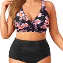 Holipick Two Piece Plus Size Swimsuits for Women High Waisted Bikini Tummy Control Bathing Suits Twist Front Swimwear Black Floral 22W