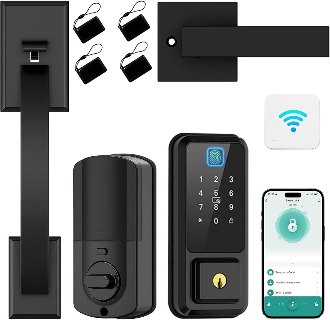 WiFi Smart Locks for Front Door with Handle Set, App Control, Keyless Entry Door Lock Fingerprint Deadbolt, Electronic Digital Touchscreen keypad, Auto Lock, Easy Install (Black)