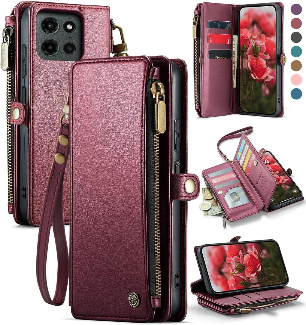 Defencase for Moto G - 2026/2025 Case, RFID Blocking Wallet Case for Motorola Moto G 5G 2025 & 2026 PU Leather Magnetic Flip Wrist Strap Zipper Card Holder Phone Cases for Women and Men, Wine Red