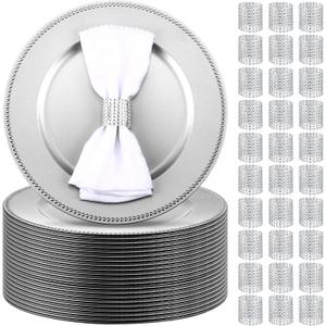 Bokon 100 Set (200 Pcs) Charger Plates Set Bulk with Napkin Rings 13 Inch Round Beaded Charger Plates Mesh Diamond Napkin Ring Holder for Dinner Wedding Party(Silver)