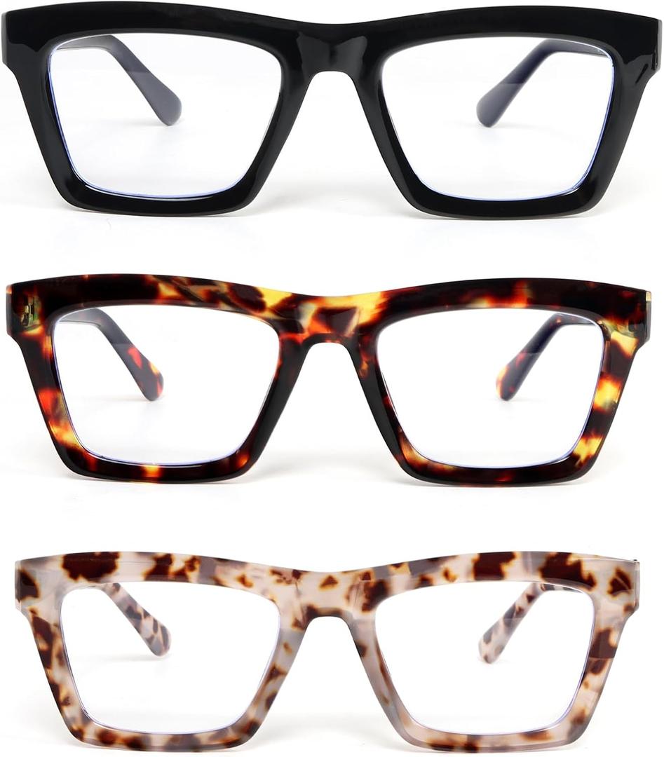 REAVEE Reading Glasses for Women, 3 Pack Blue Light Blocking Computer Readers Oversized Square with Spring Hinges (Black/Leopard/Grey Leopard)