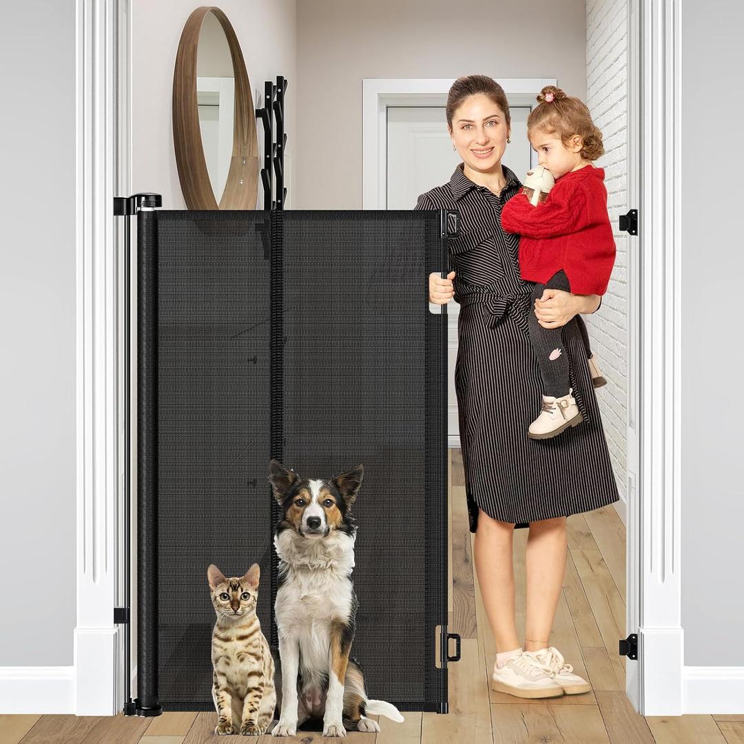 Reinforced 48" Extra Tall Pet Gate with Support Rods, 4 Ft Tall Retractable Baby Gates for Doorways 55" Wide Mesh Dog Gate Indoor Outdoor - Prevent Baby/Pet from Jumping Over, Black