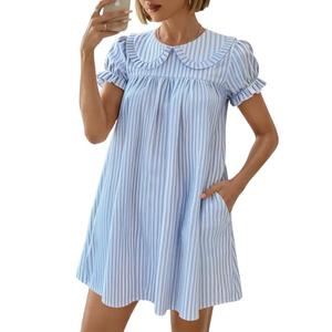 Xuiqx Women's Cute Babydoll Mini Dress Peter Pan Collar Ruffle Short Sleeve Pleated A Line Dresses 2026 Summer (Blue Stripes, Small)