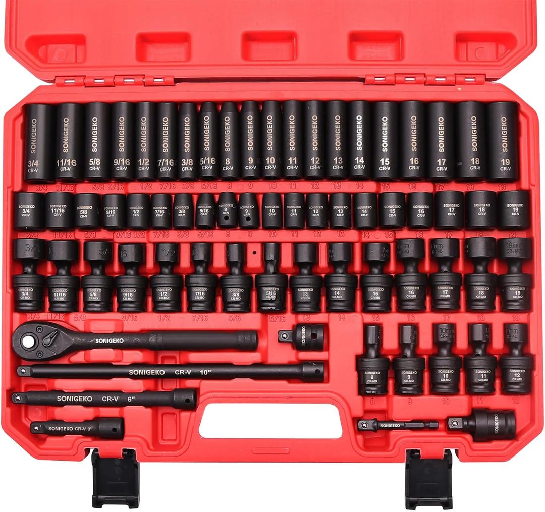 3/8" Drive Impact Socket Set, 67-Piece Standard Metric & SAE 6 Point CR-V Steel Sockets,Includes Extension Bars, 20-Piece Swivel Sockets, Universal Joint, Ratchet Handle and Adapter