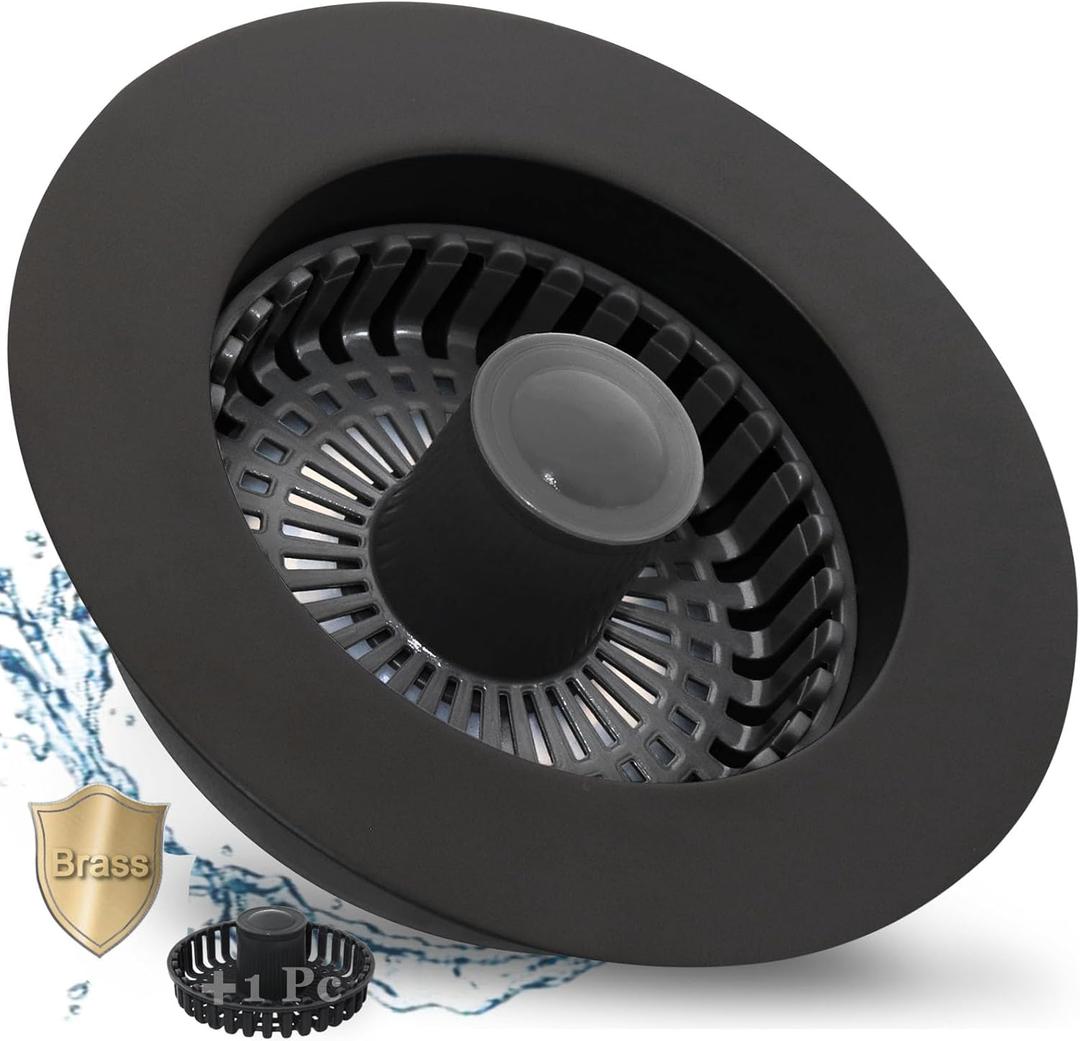 3 in 1 Kitchen Sink Stopper, Pop Up Kitchen Sink Drain Strainer, with an Extra Basket Strainer, Kitchen Sink Drain Stopper for US Standard 3-1/2 Inch, Brass Material Electroplate Black