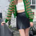 Saodimallsu Womens Cropped Cardigan Striped Open Front Long Lantern Sleeve Color Block Loose Chunky Knit Sweater Coat (Green)