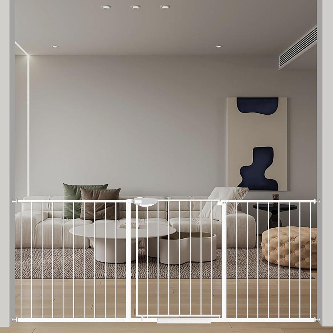 WAOWAO Triple Lock Baby Gate Extra Wide 72.04-76.77" Pressure Mounted Walk Through Swing Auto Close Safety White Metal Dog Pet Puppy for Stairs,Doorways,Kitchen