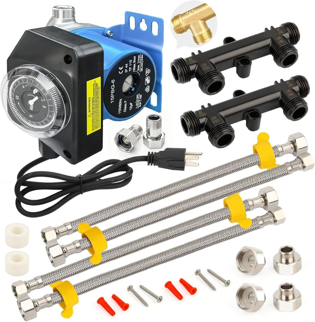 Upgraded Instant Hot Water Recirculation Pump Replacement Kit for watts 0955805 and grundfos 595916, with Programmable Timer  2 Brass Sensor Valves (595926), 4 Supply Lines, 4 Adapters