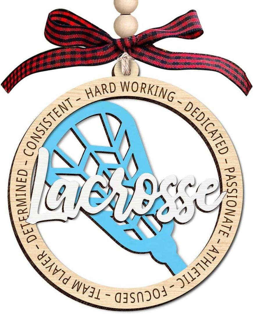 Lacrosse Ornament - Wooden Ornament 2 Layer Sports Theme - Round Christmas Tree Decoration Highlighting Motivational Words for Players and Holiday Season