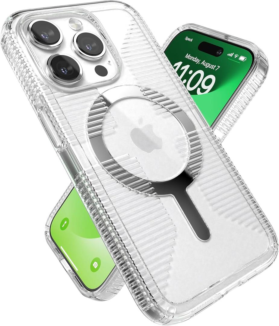 Speck Clear iPhone 15 Pro Case - Slim, Built for MagSafe, Drop Protection Grip - Scratch Resistant, Anti-Yellowing, 6.1 Inch Phone Case - GemShell Grip Clear