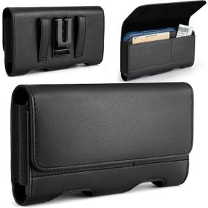 Mopaclle Phone Holster for iPhone 16 Pro 15 Pro 15 14 Pro 14 13 Pro 12 12 Pro,XR,Galaxy S24 S23 S22 S21 S20, Cell Phone Belt Holder with Belt Clip -Built in Card Holder (Fits Thin Commuter Case on) (M (6 x3.2x 0.6 in), Leather- Black)