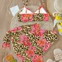 RoseSeek Girl's 3 Piece Bikini Set Floral Leopard O-Ring Swimsuit Beachwear