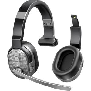 COSMUSIS Trucker Bluetooth Headset, Wireless Headsets with Noise Cancelling Microphone, 50+Hrs HD Talktime Bluetooth Headphones with Detachable Earpad/Single+Dual Mode for Office/Driving/Home (Silver)