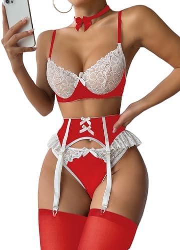 WDIRARA Women's 6 Piece Set Floral Lace Bow Front Colorblock Underwire Garter Lingerie Set with Choker with Stocking XL