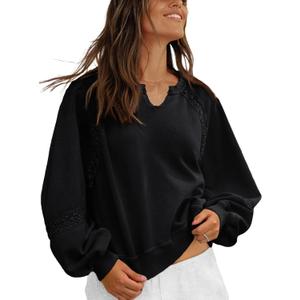 Womens Oversized Sweatshirts V Neck Lace Crochet Lantern Long Sleeve Pullover Cropped Tops Fall Outfits Clothes (Black, XL)