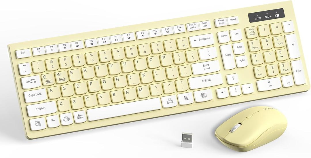 Wireless Keyboard and Mouse Combo, Full-Sized Wireless Keyboard and Adjustable DPI Mouse, 2.4GHz USB Receiver, Keyboard and Mouse for PC, Windows, Desktop, Laptop (Canary Yellow)