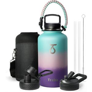 Trebo Water Bottle 64oz with Paracord Handle, Half Gallon Large Double Wall Vacuum Stainless Steel Insulated Water Jug with Straw Spout Handle Lids, Leakproof Keep Cold & Hot Ombre:Hydrangea