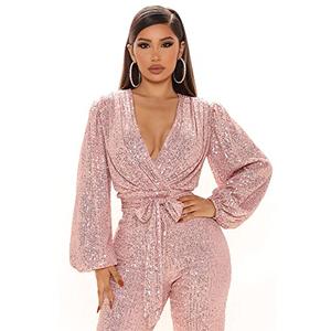 Long Sleeve Women Jumpsuit Deep V-neck Long Leg Pant Bling Shiny Sequin Party Romper (S, Pink)