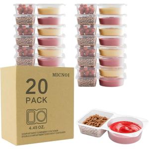 20 Pack Snack Containers, Reusable 2 Compartment Condiment Containers with Lids, Ideal for On-the-Go Mini Sauce Boxes & Lunchable Snack Packs for Kids and Adults, BPA-Free 