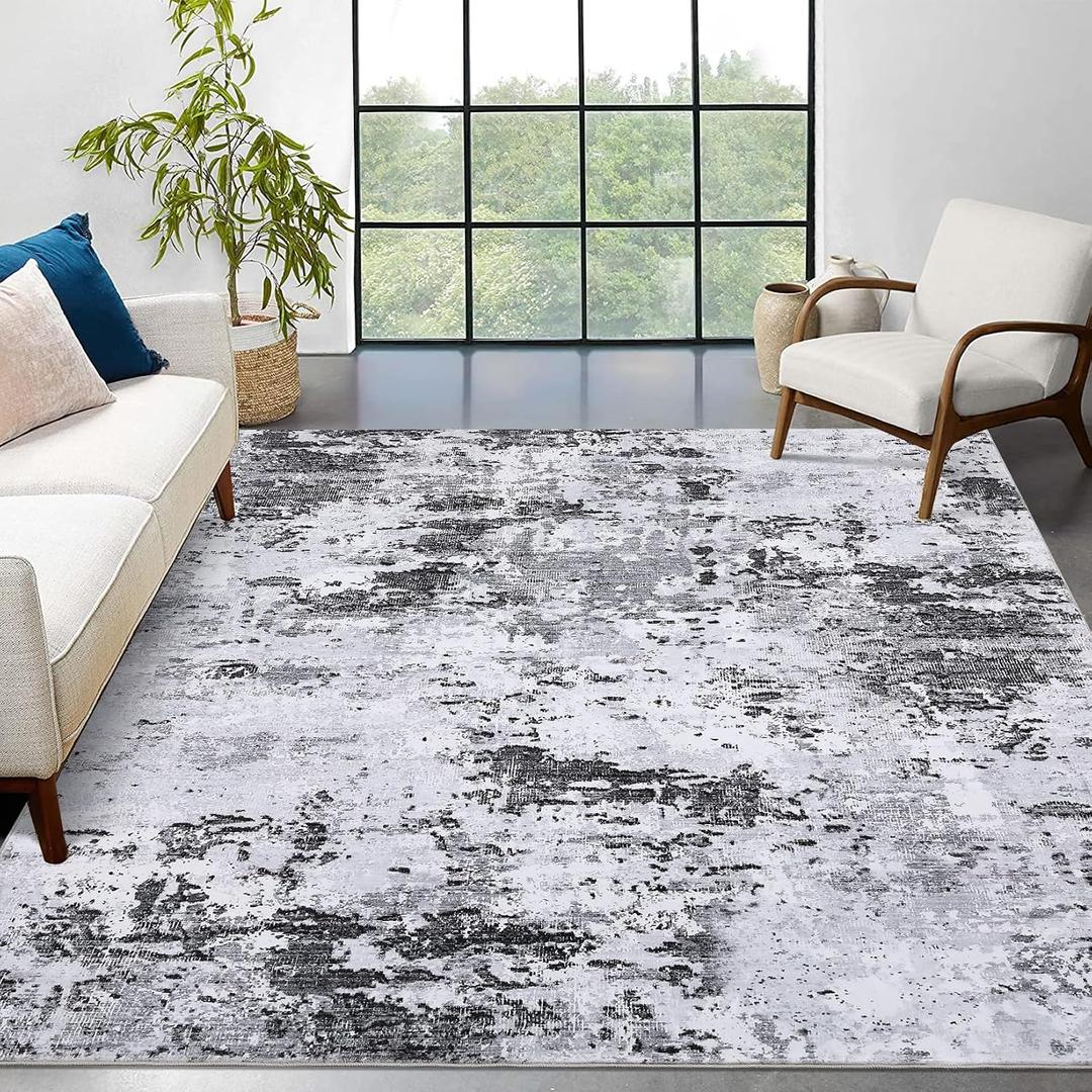 ROYHOME 8x10 Modern Abstract Rug Faux Wool Accent Ultra Soft Machine Washable Rug Non Slip Non Shedding for Bedroom Dining Room Office Home, Grey