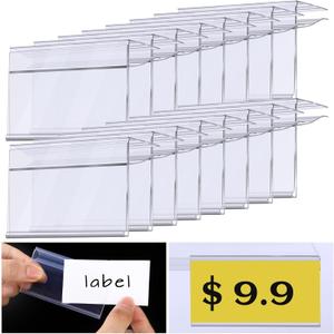 Qunclay 100 Pcs Shelf Label Holder 1.25 x 3 Inches Clear Plastic Clip on Labels Shelf Tags for Wire Shelving 0.15'' to 0.4'' Wood Glass Shelves Sign Price Tags