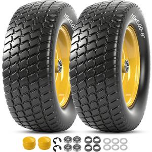 AR-PRO (2 Pack) 15x6.00-6 Flat Free Tire and Wheel, Solid Lawn Mower Front Tires with 3" Centered Hub, 3/4" & 5/8" Bearings & 1" Bushings, Compatible with John Deere Riding Mower Lawn Tractor (Yellow)
