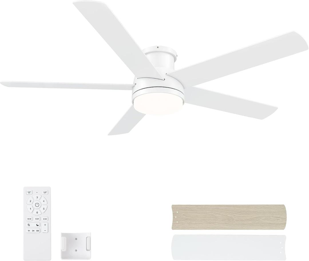 52 Inch White Ceiling Fan with Light, Flush Mount and Remote Control, Dimmable 3-Color Temperature LED, 6-Speed Reversible DC Motor, 5-Blade Modern Design for Indoor or Outdoor