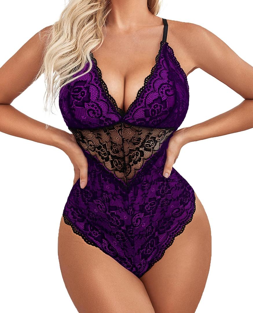 Avidlove Lingerie for Women One Piece Snap Crotch Teddy Bodysuit Contrast Lace Mini Babydoll (Medium, Purple)