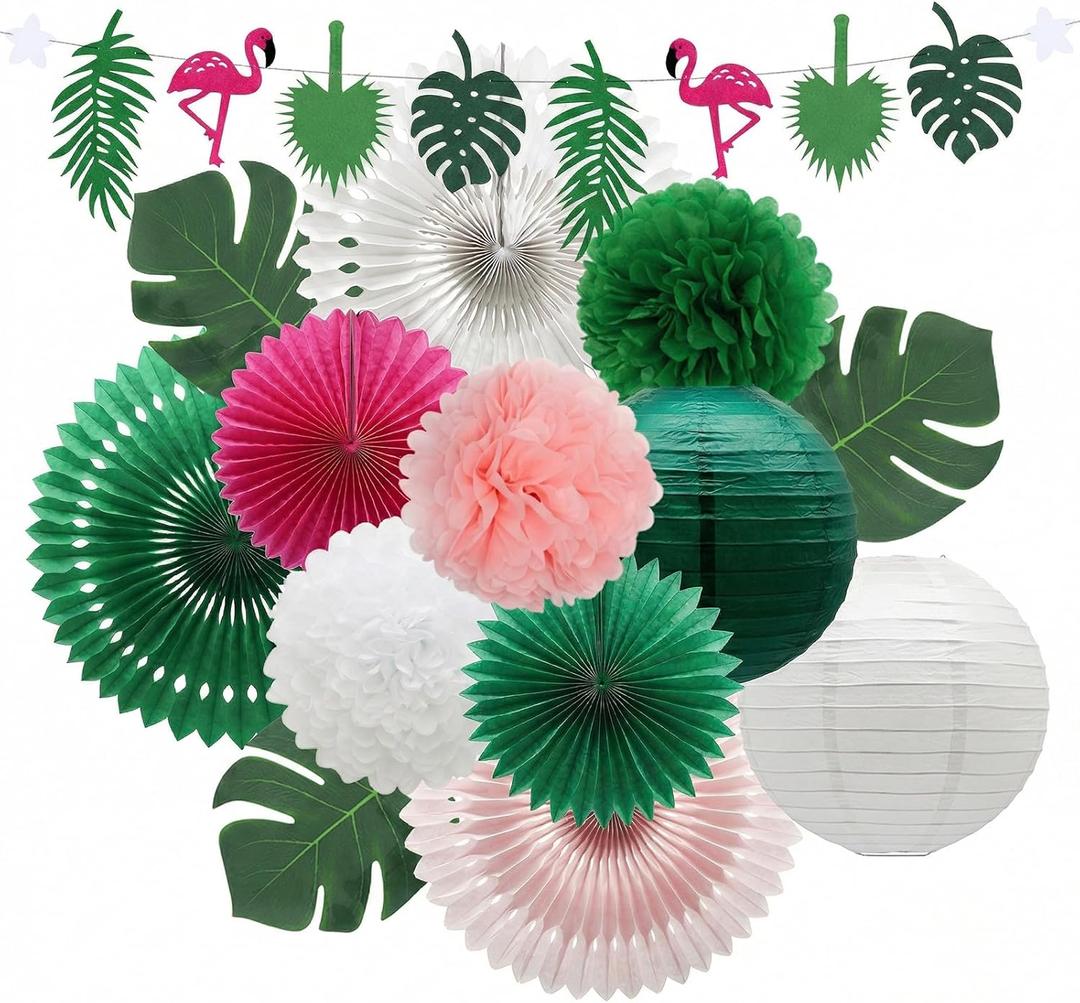14 Pcs Tropical Party Decorations Set - Pre-Strung Flamingo Banner, Paper Fans, Lanterns & Palm Leaves - Hawaiian Themed Luau Party Decorations for Summer Beach, Pool & Birthday (Green Pink)