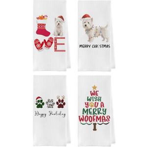 Christmas Westie Kitchen Towels Set - West Highland Terrier Gifts Waffle Decorative Dish Towels, Holiday Christmas Westie Dog Paw Tree Hand Towel for Kitchen Bathroom Decor, 16x24 Inch Set of 4