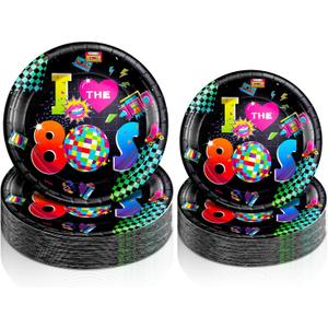 Yungyan 50 Pcs Retro 80's Plates Disposable Paper Tableware 9 Inch Dinner Plates 7 Inch Dessert Party Decoration Supplies