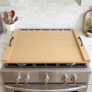 Noodle Board Stove Cover, Wooden Stovetop Cover with Non-Slip Feet, Handle & Raised Lip, Extra Counter Space for Kitchen (29.5 x 22 Natutal)