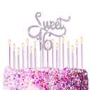 Tondiamo Sweet 16 Birthday Decorations Rhinestone Sweet 16 Cake Toppers 20 Pcs Metallic Happy Birthday Candles 16 Cake Decorations for Cupcake Decor(Purple)