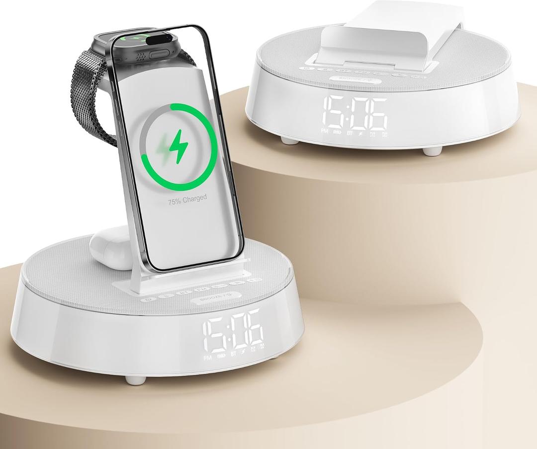 Alarm Clock with Wireless Charging Station, Clock for Bedroom with Night Light Bluetooth Speaker, Wireless Charger Dock Station for iPhone 17 16 15 14 13 12 Pro Max, Apple Watch 11, AirPods 3 (White)