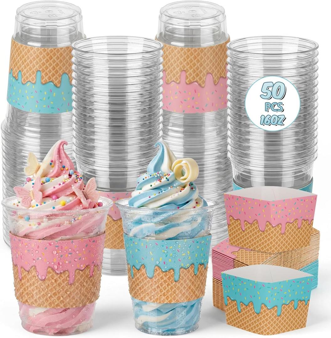 Qinyoung 50 Set Ice Cream Party Cups, 16 oz Plastic Ice Cream Disposable Cups with Sleeves Bulk, Sprinkle Summer Birthday Party Decorations Cold Drinking Favors for Iced Coffee, Smoothie, Milkshake, 4.8 x 3.86 inches