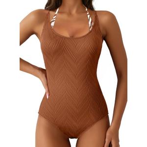Aleumdr Women's Textured One Piece Swimsuit Halter Tummy Control Swimwear Bathing Suit Color Block Bathing Suits (Brown, M)