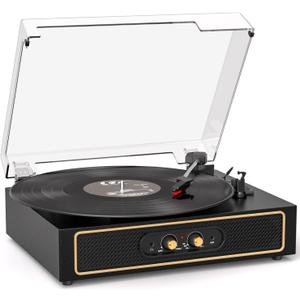 Retro Bluetooth Record Player with Built-in Speakers, 3-Speed Belt-Drive Turntable, Bass & Treble Control, Compact Vinyl Player with Transparent Dust Cover, RCA Output, AUX-in, Headphone Jack, Black