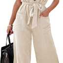 Acelitt Women's Ladies Fashion V Neck Short Sleeve Button Down High Waisted Belted Beige Wide Leg Jumpsuits XL