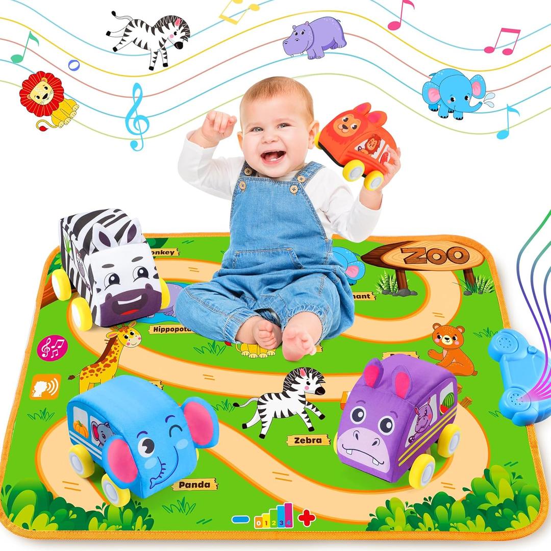 Helsort Baby Car Toys for 1 Year Old Boy with Musical Playmat, Animal Sounds and Pull Back Vehicles for Toddlers 1-3, Soft Baby Learning Toys 12-18 Months, 1st Birthday Gifts for One Year Olds