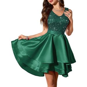 Meetjen Women's Short Prom Dresses for Teens Formal Sequin High Low Satin Bridesmaid Cocktail Party Homecoming Dress (Green, L)