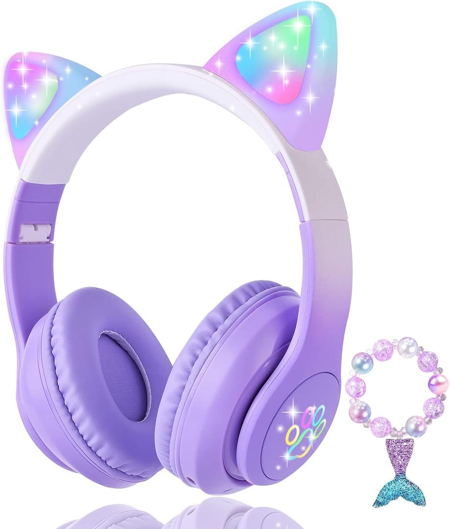 KORABA Cat Ear Kids Headphones Bluetooth, LED Light up Wireless/Wired Mode Over Ear Headphones with Build in Microphone for School/Travel (Purple)