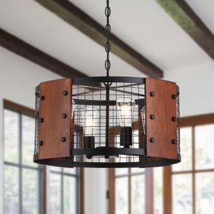 3WWWUEE 20‘’ Chandelier Farmhouse Style Black and Wood Hanging Light Fixture 4-Light Pendant Lighting with 47'' Height Adjustable Chain Dining Room, Living Room, Kitchen Island E12 Base - AJ24666