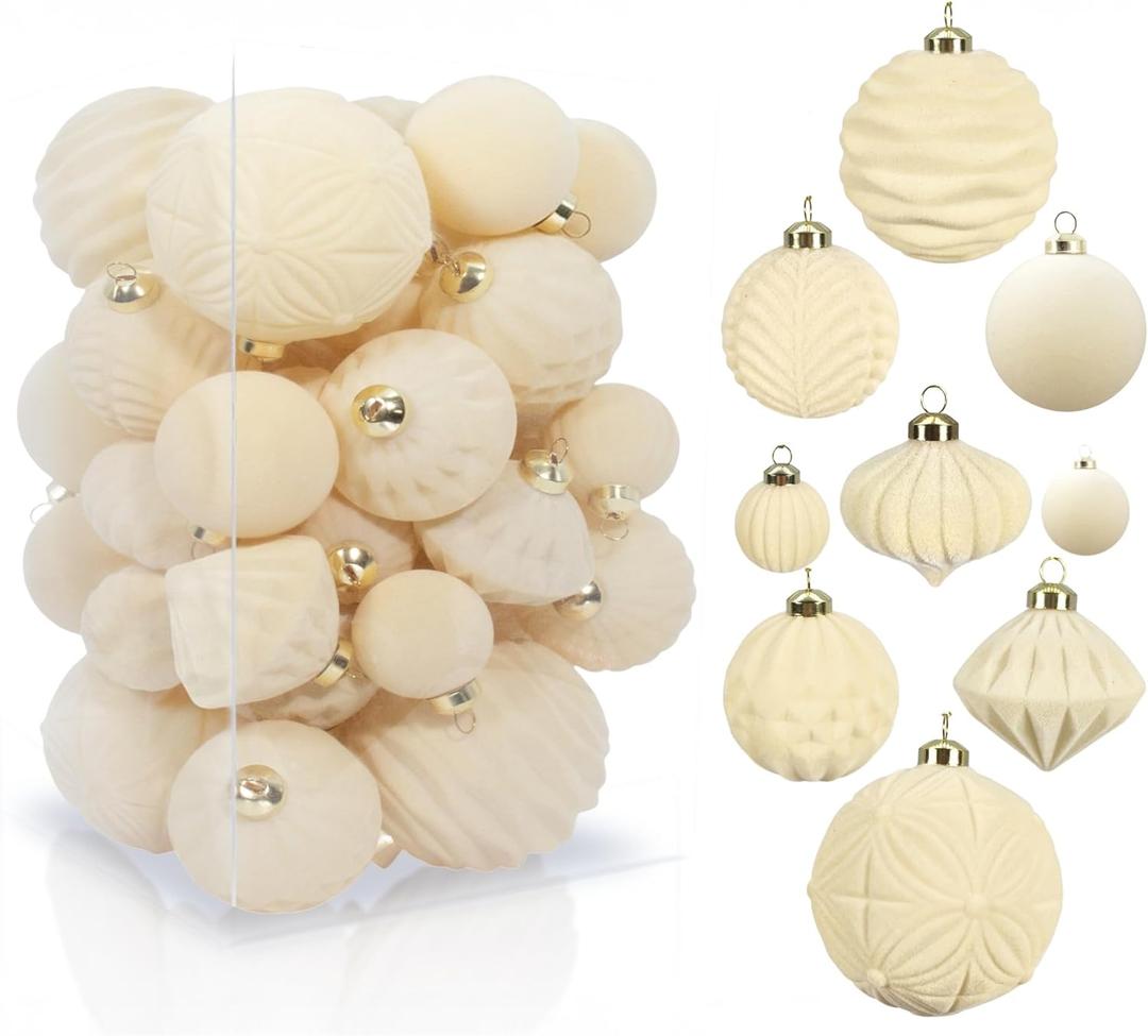 42PCS White Velvet Christmas Ball Ornaments, Flocked Vintage Rustic Farmhouse Baubles in Assorted Sizes for Xmas Tree Decorations, Hanging Ornaments for Home, Party & Wedding Dcor (Creamy White)