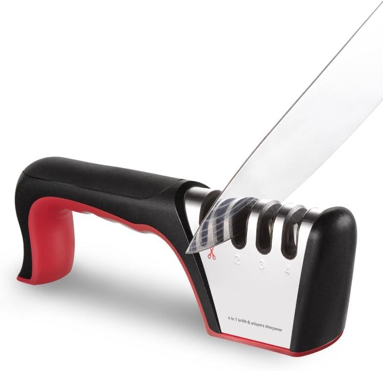 Brigii 4-in-1 Knife Sharpener, Kitchen Knife Accessories for Ceramic Knives, Steel Knives and Scissors, Aiding in Repair, Restoration, and Polishing of Blades (Black+Red)