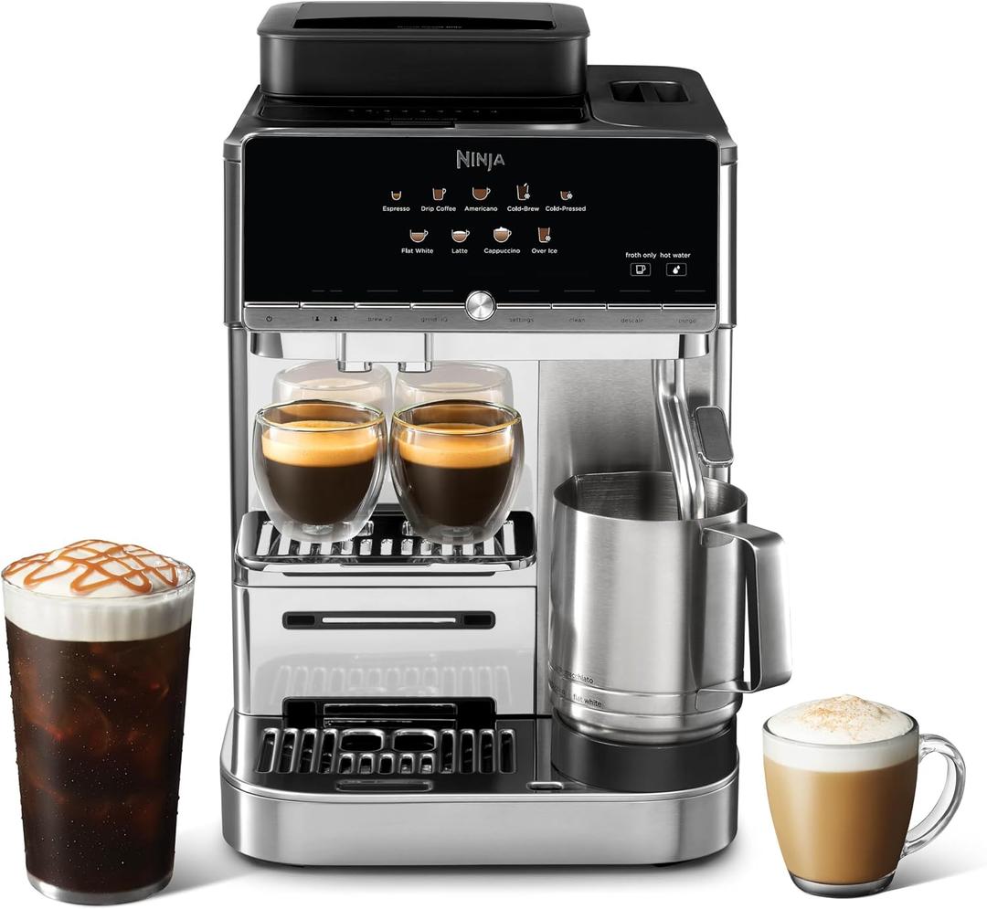 Ninja AutoBarista Fully Automatic Espresso, 10 Drink Options, AE1001 | One Touch Hot & Iced, Built-in Coffee Grinder, Milk Frother, Easy Self-Clean, Latte, Cappuccino, Cold Brew