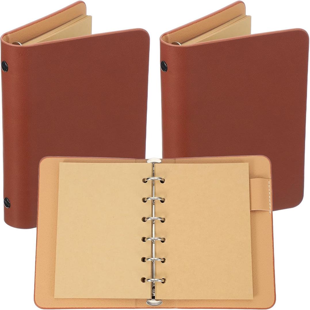 PATIKIL 6 Ring Binder Cover, 2 Pack A7 Kraft Leather Notebook Binder Mini Refillable Loose Leaf Personal Planner with 50 Sheets Paper, Brown