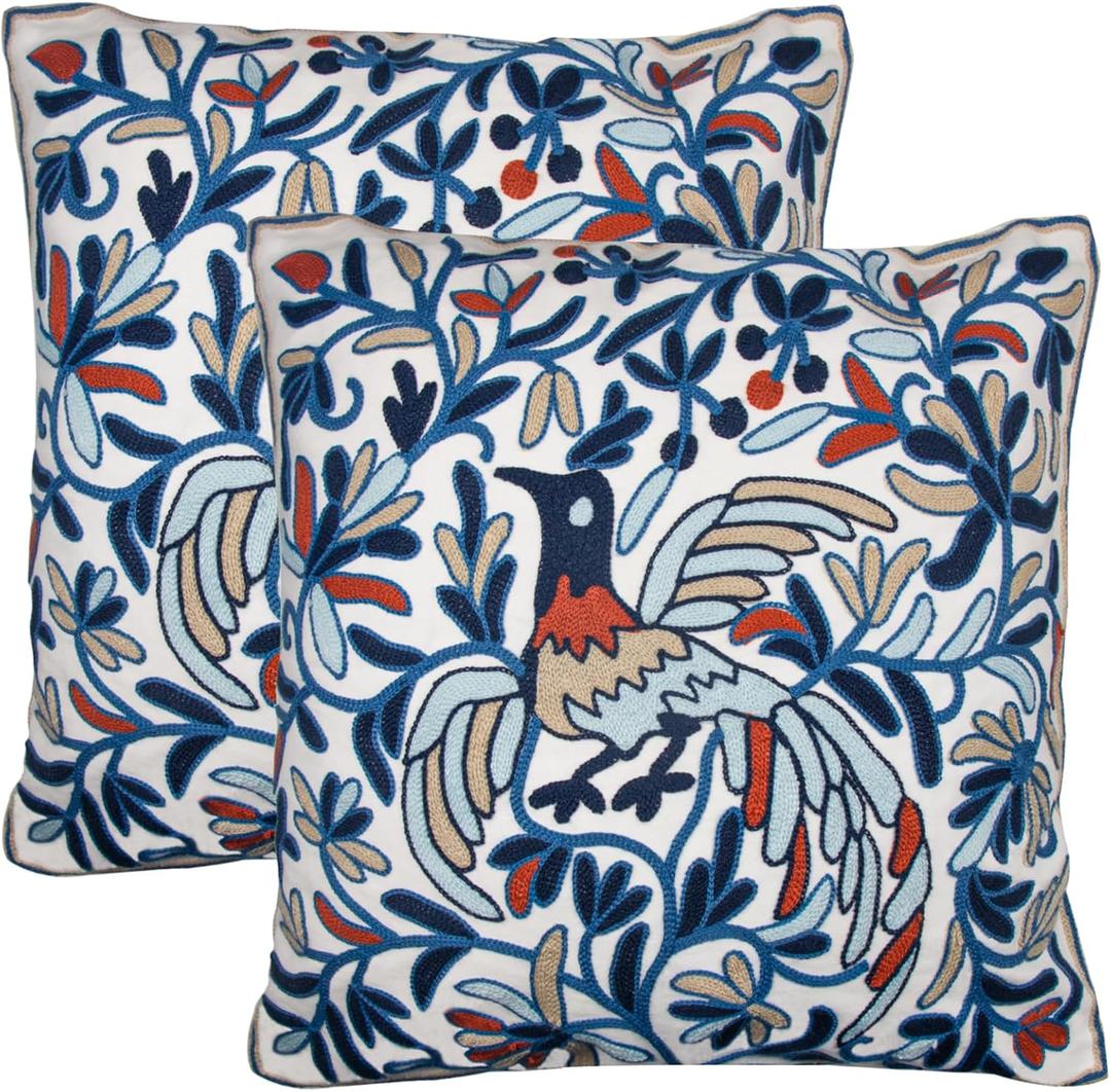 2 x Embroidered Pillow Covers 18x18 Inch Decorative Throw Pillow Covers Couch Pillow Covers for Living Room Sofa Bed (Blue Phoenix 2 Pack)