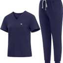 Medical Scrubs Set for Women - Classic V-Neck Top & Jogger Pants with Stretch Nursing Uniform Scrub Suit, Large